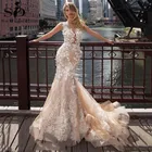Кружевное свадебное платье цвета шампанского без рукавов с 3D цветочной аппликацией