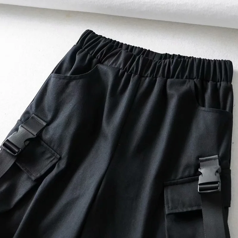 

American Hip-hop Tooling Shorts Women Streetwear Cotton Knee Length Tooling Buckle Casual Elastic Loose Retro High Waist Women