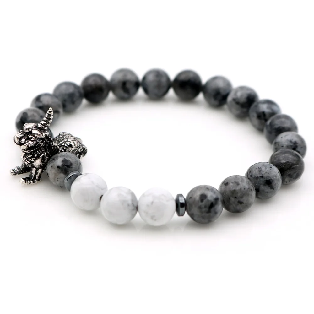 Череп бык голова смерти животных браслеты стрейч Howlite Луна камни 8 мм бисером Strand браслеты