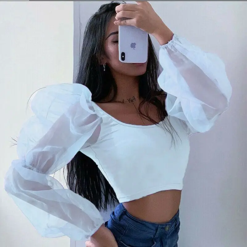 

Woman Autumn Sexy Long Puff Sleeve Crop Top Blouses Ladies Spring Casual Solid Color Fold Square Neck Crop T-Shirt 2019 Summer