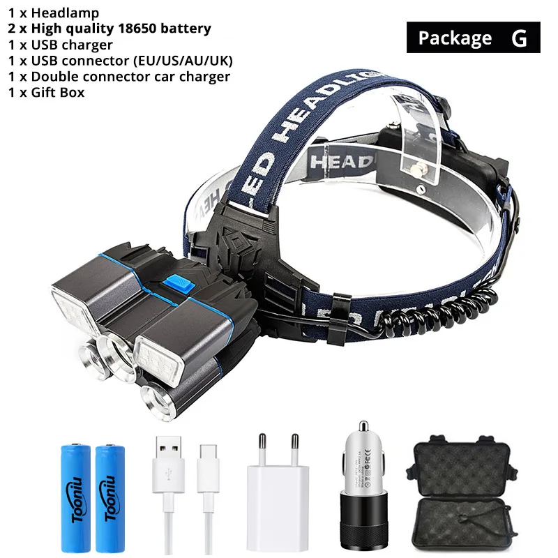 Package G Супер яркий светодиодный налобный фонарь с зарядкой от USB, красный и синий предупреждающий светильник 21 лампа из бисера, Водонепроницаемый светодиодный налобный светильник для рыбалки и охоты - Испускаемый цвет: Package G