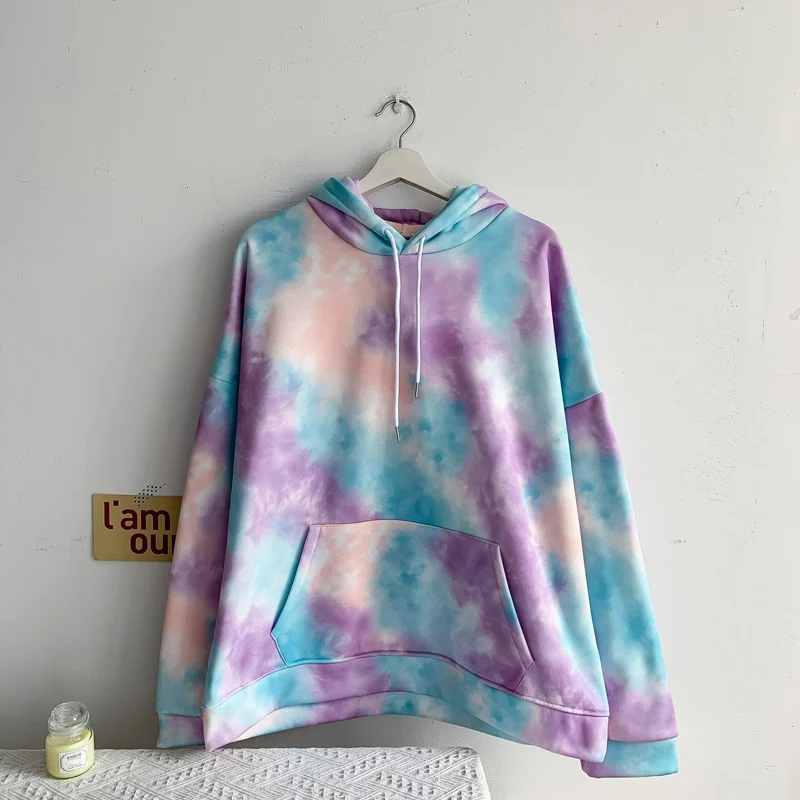 

Женская толстовка с принтом тай-дай, Корейская, с длинным рукавом, свободная, повседневная, радужная