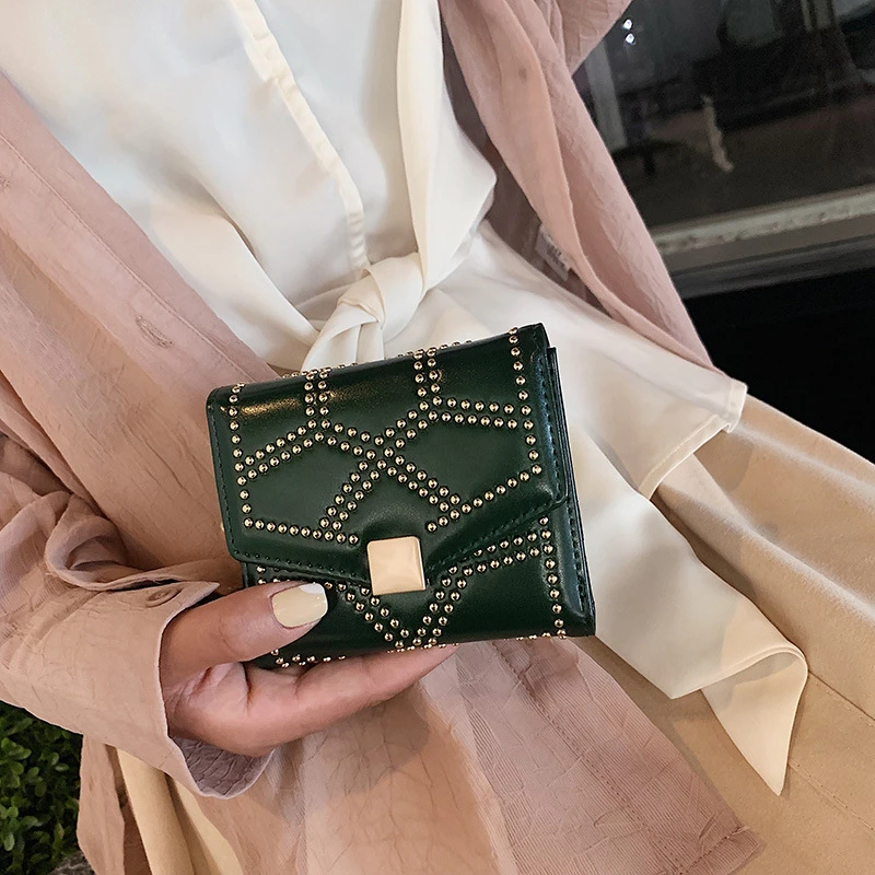 

Women's Wallet Short Metal Buckle Rivet Coin Purses Female Three Fold Pu Leather Credit Card Holder Money Clip Clutch Bag