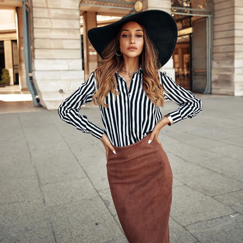 Женская полосатая блузка с длинным рукавом отложным воротником повседневные