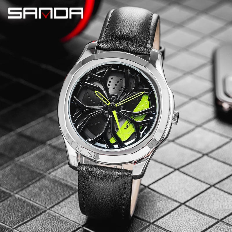 

SANDA 2021 Men's Wheel Watch Custom Design Car Watch Stainless Steel Case Leather Strap Quartz Watch Relogio Masculino P1065