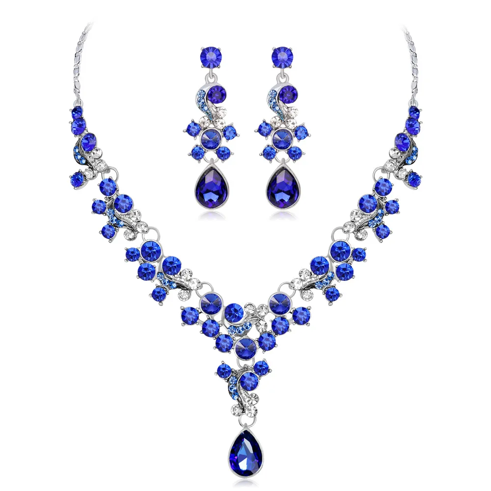 

Blue Crystal Necklace Earring Set Women Wedding Jewelry Body Accessories 2021 Fashion Female Choker Chains Classic Friends Gift