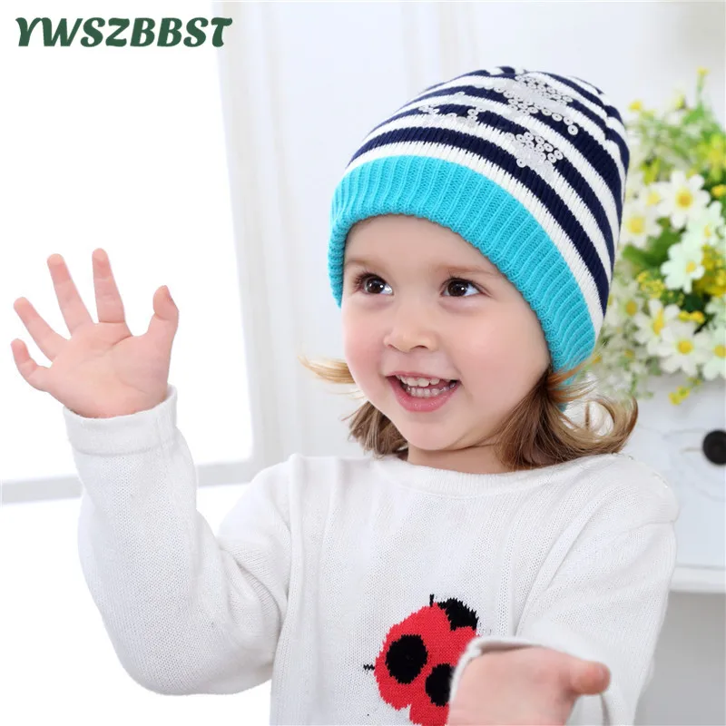 

New Fashion Children Beanie Hat Hot stamping stripe Knitted Kids Cap Autumn Baby Hat for Girls Winter Warm Baby Cap