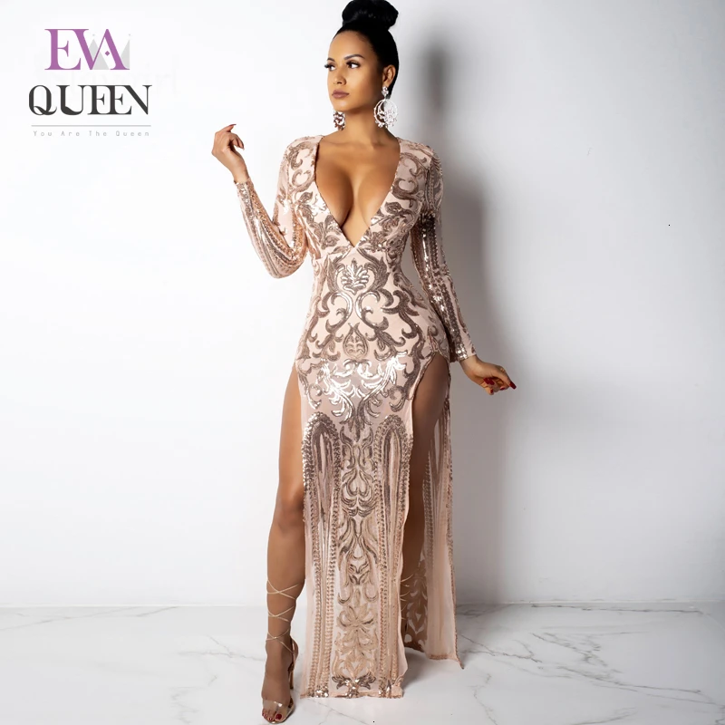 Женское вечернее платье с блестками EvaQueen длинное Клубное глубоким v образным