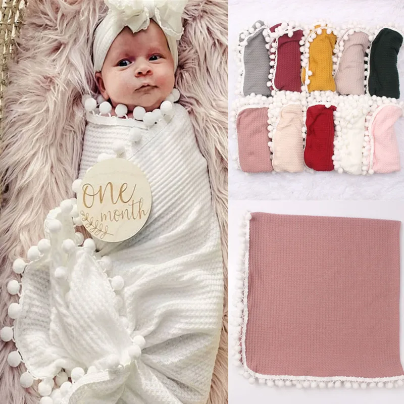 

Cotton Muslin Baby Blanket Soft Waffle Knitting Newborn Receiving Blanket With Pom Infant Girls Boys Tassel Swaddle Wrap
