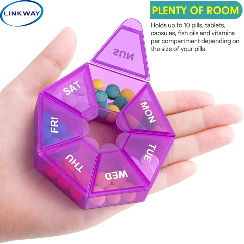 

Linkway--Weekly Pill Storage Box 2 Pieces, Portable Pill Box, Arthritis Friendly (Purple), Food Grade Material