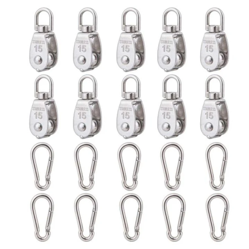 

10 Pcs 304 Stainless Steel M15 Single Pulley,Swivel Lifting Wire Rope Suspension Traction Wheel,with 10 Spring Snap Hook