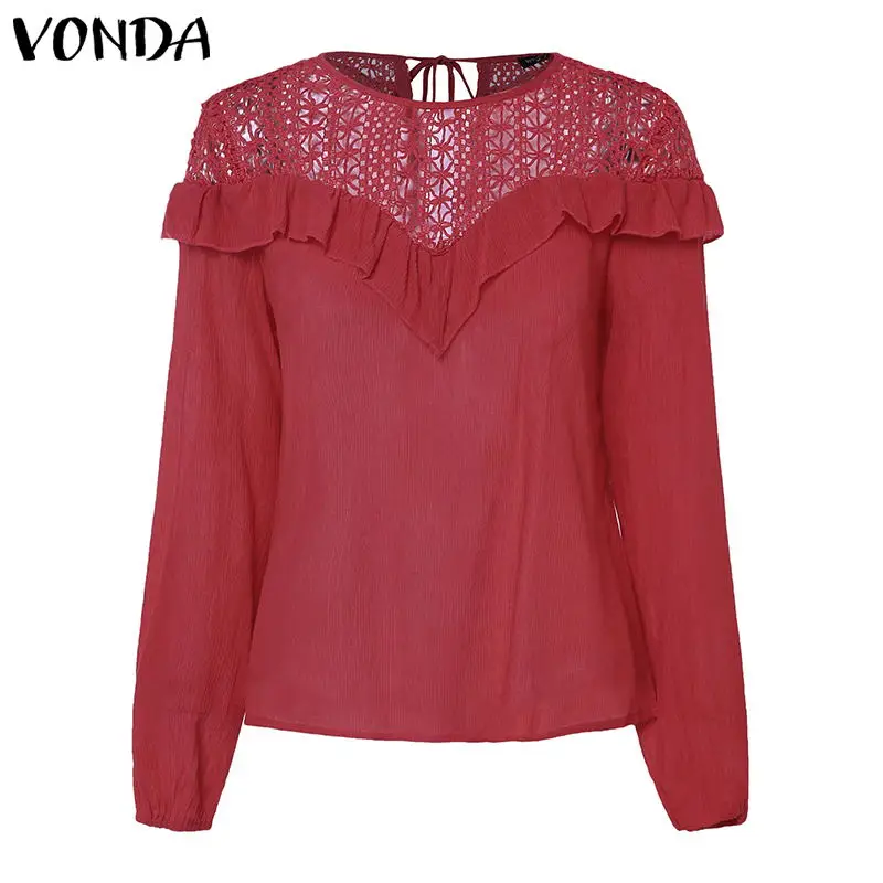 Red 2 VONDA/хлопковые топы с рукавами-колокольчиками, сексуальные белые блузки с круглым вырезом, женские повседневные свободные рубашки, белая хлопковая туника для женщин размера плюс S-5XL - Цвет: Red 2