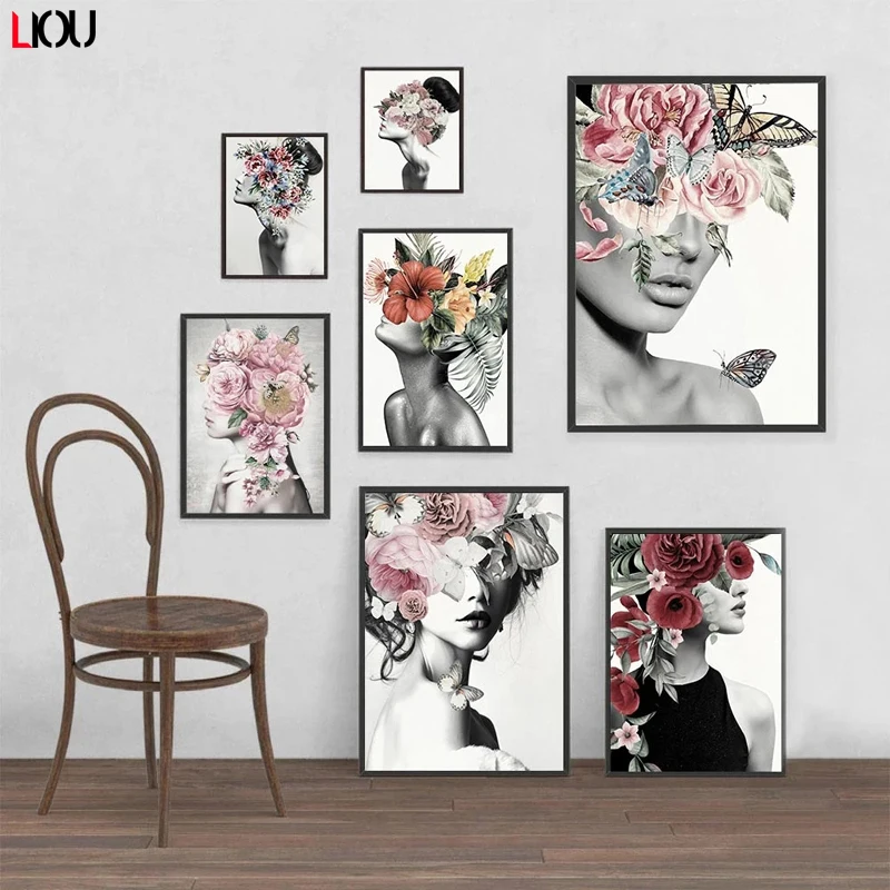 Женское настенное искусство модное настенный плакат цветок голова и