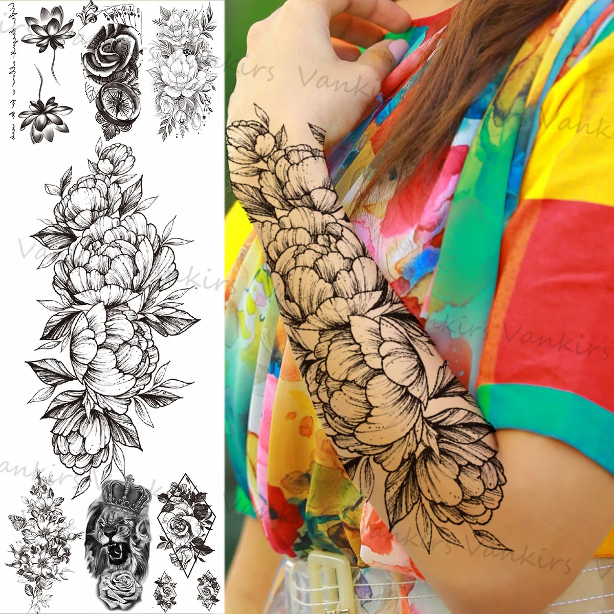 

Временные татуировки с цветами и пионами для женщин и девушек, лотос, солитер, пион, Лев, Геометрическая поддельная татуировка, наклейка, оча...