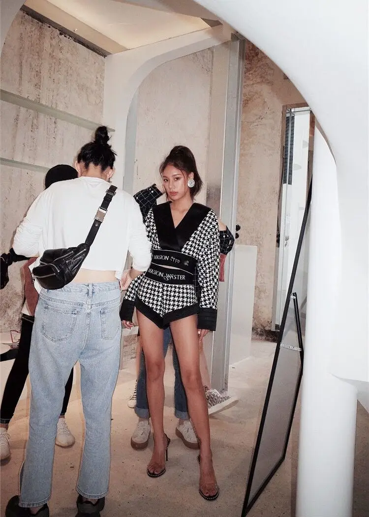 Твидовый комплект из двух предметов с надписью «Houndstooth», женские шорты с высокой талией и широкими штанинами, комплект с укороченным топом, осенняя Клубная одежда, сексуальная одежда для вечеринок