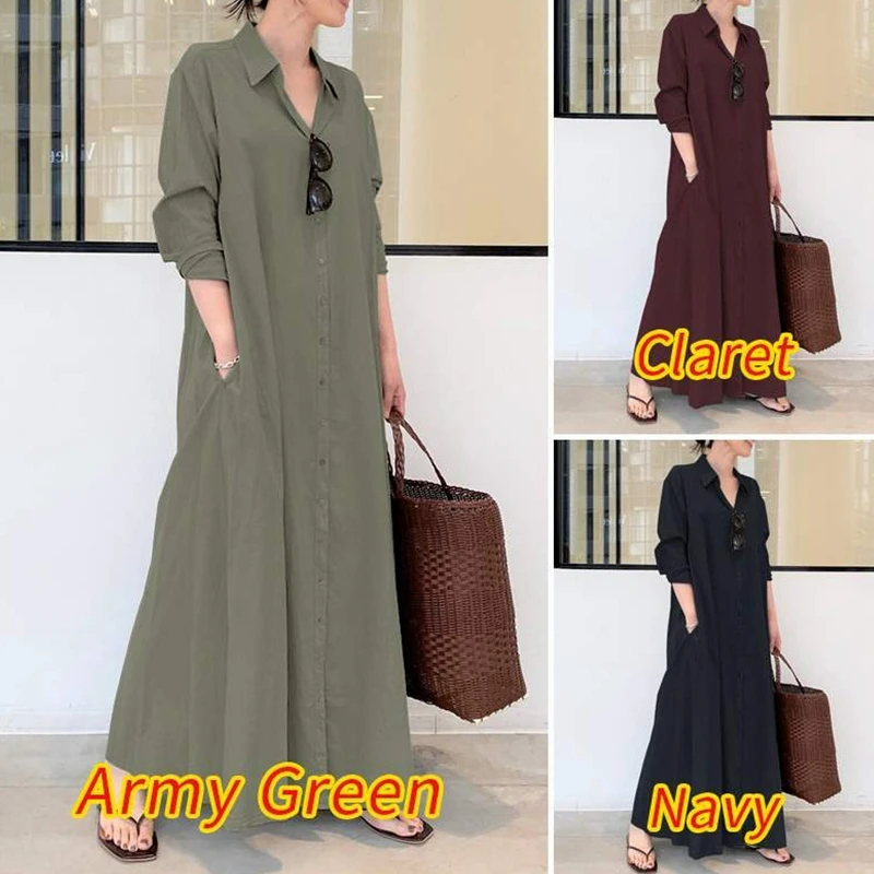 

Lugentolo Long Shirt Dress Women Pure Color Lapel Long Sleeve Pocket Simple Loose Casual Plus Size Shirt Dress