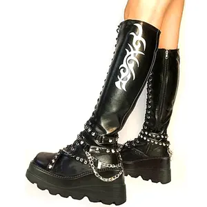 brand design cool big size 43 rivets ins hot sale high heels black punk gothic style street women platform shoes knee high boots free global shipping