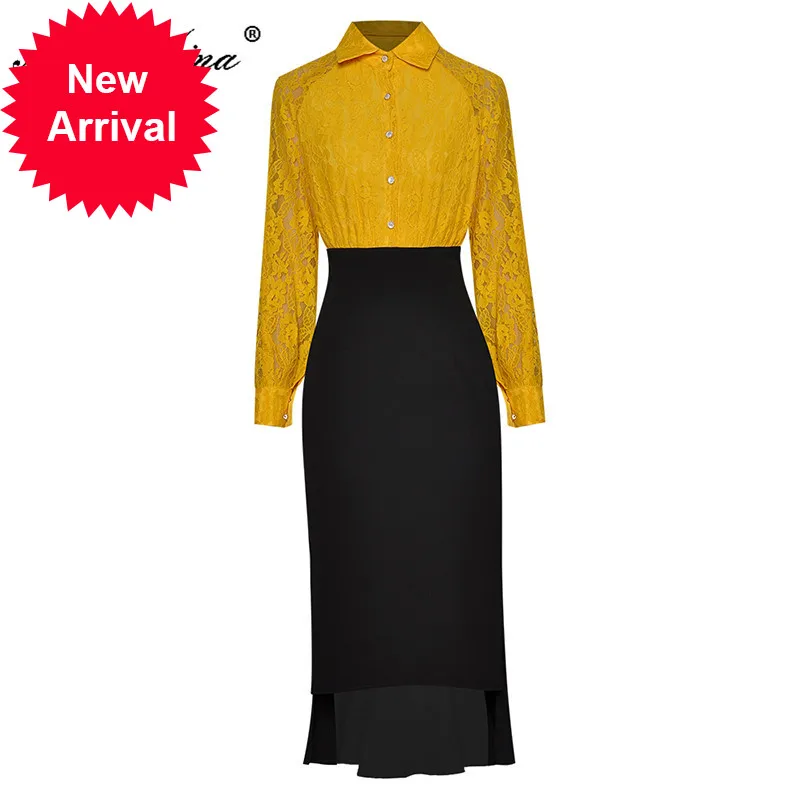

New 2021 Fashion Runway Summer Dresses Women Lace Long sleeve Patchwork High waist Slim Ladies Asymmetrical Midi Dress