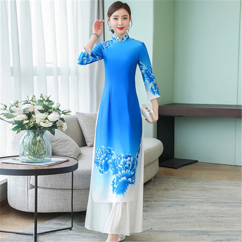 Традиционная вьетнамская одежда Aodai Vietmam одежда синий цветочный Азиатский китайский стиль Cheongsam для женщин Ao Dai Qipao платье