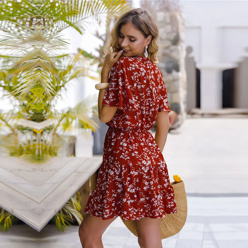 

2021 New Spring Summer Print Short Dress Women V Neck Butterfly Sleeve Slim Floral Dress Ladies Fashion High Waist Party Dresses