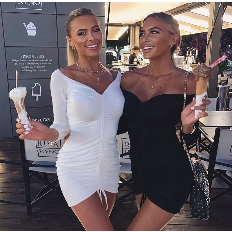 Невозьму 2 слоя осеннее платье Для женщин с открытыми плечами Drawstring Ruched Bodycon платье женские вечерние Клубные пикантные зимнее платье