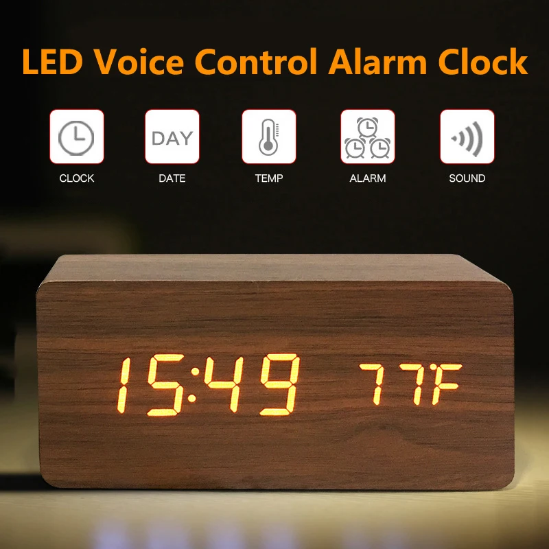 

Wooden Digital LED Alarm Clock Voice Control USB/AAA Powered Electronic Table Clock Multifunction Temperature Desk Watch Decor