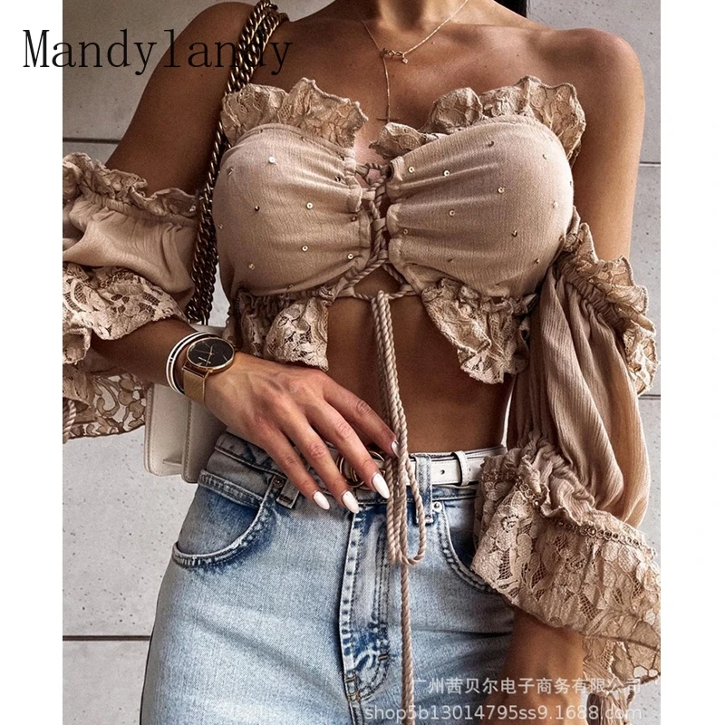 

Летняя футболка Mandylandy с открытой спиной, вырезом лодочкой, без бретелек, с расклешенным рукавом, Женская Кружевная футболка со шнуровкой