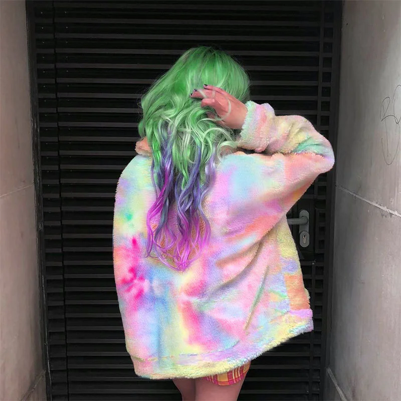 Fitshinling Lambswool Winter Women's Sweatshirts Hairy Rainbow Tie Dye Moletom Poleron Mujer Zip-Up Warm Fuzzy Sweatshirt Female | Женская