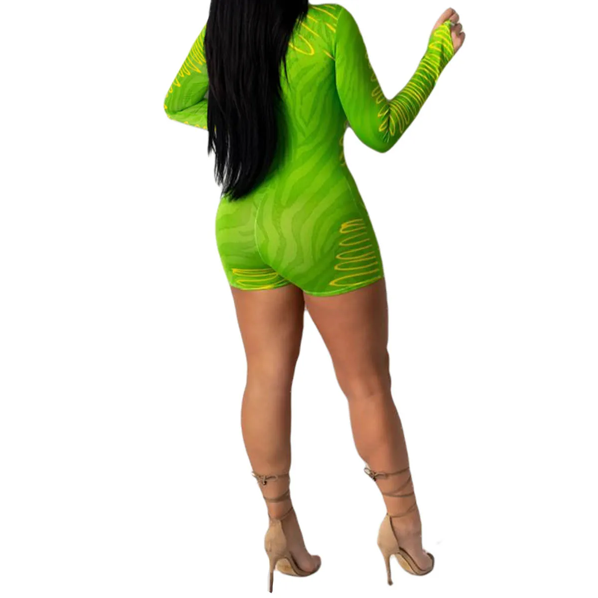 

Womens Casual Long-sleeved Jumpsuit Fashion Curve Printing Slimming High Waist Short Jumpsuit