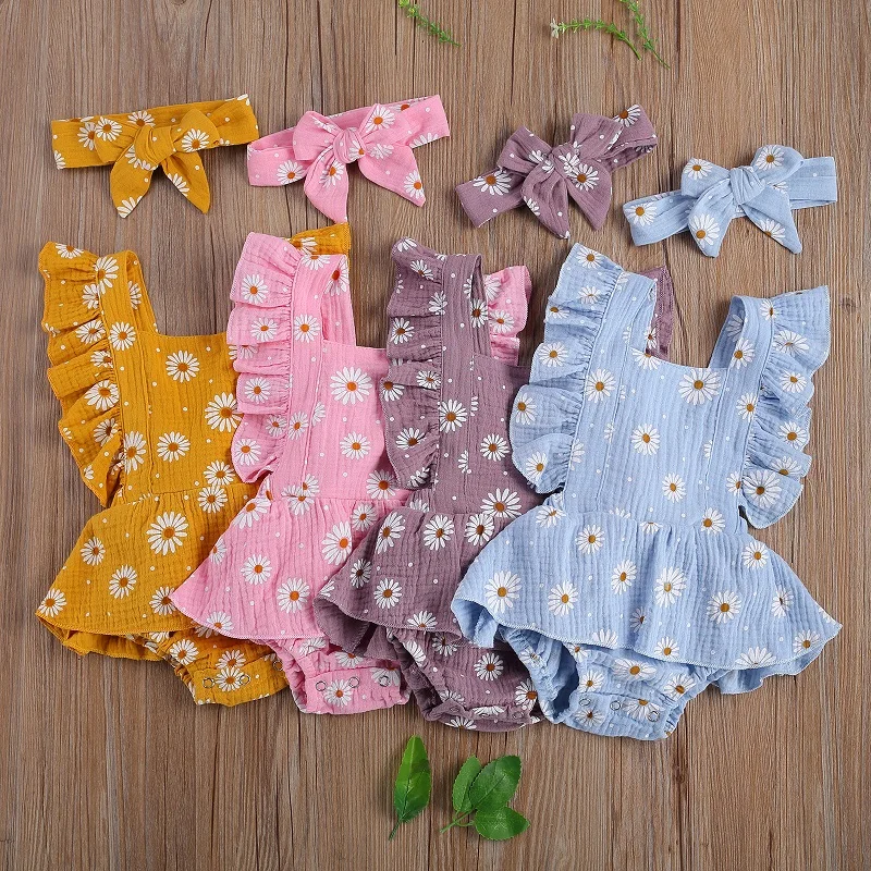 

0-24M Cute Newborn Baby Girl Ruffles Sleeve Soft Cotton Skirted Floral Romper Jumpsuit Headband 2PCS Outfits Summer Clothes