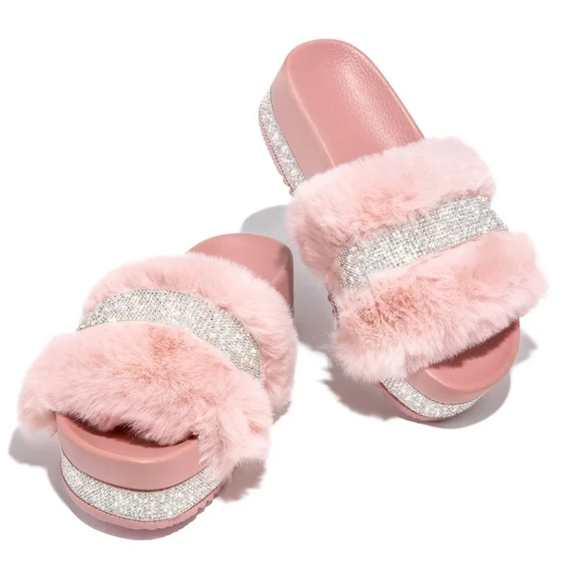 

Luxury Designer Women Fur Rhinestone Slippers Platform Wedges Heel Solid Fluffy Furry Slides Outside Sexy Shoes Ladies Whosale