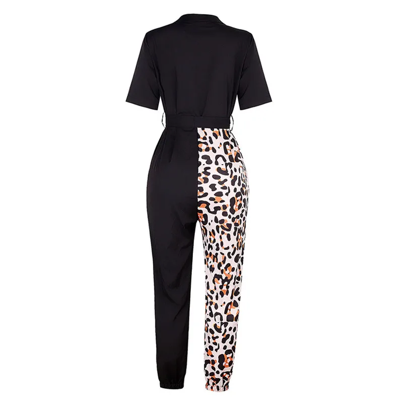 

Summer Jumpsuit Women Rompers Safari Style Short Sleeve Pants Overalls Sashes Leopard Print One Piece Woman Jumpsuits Mono Mujer