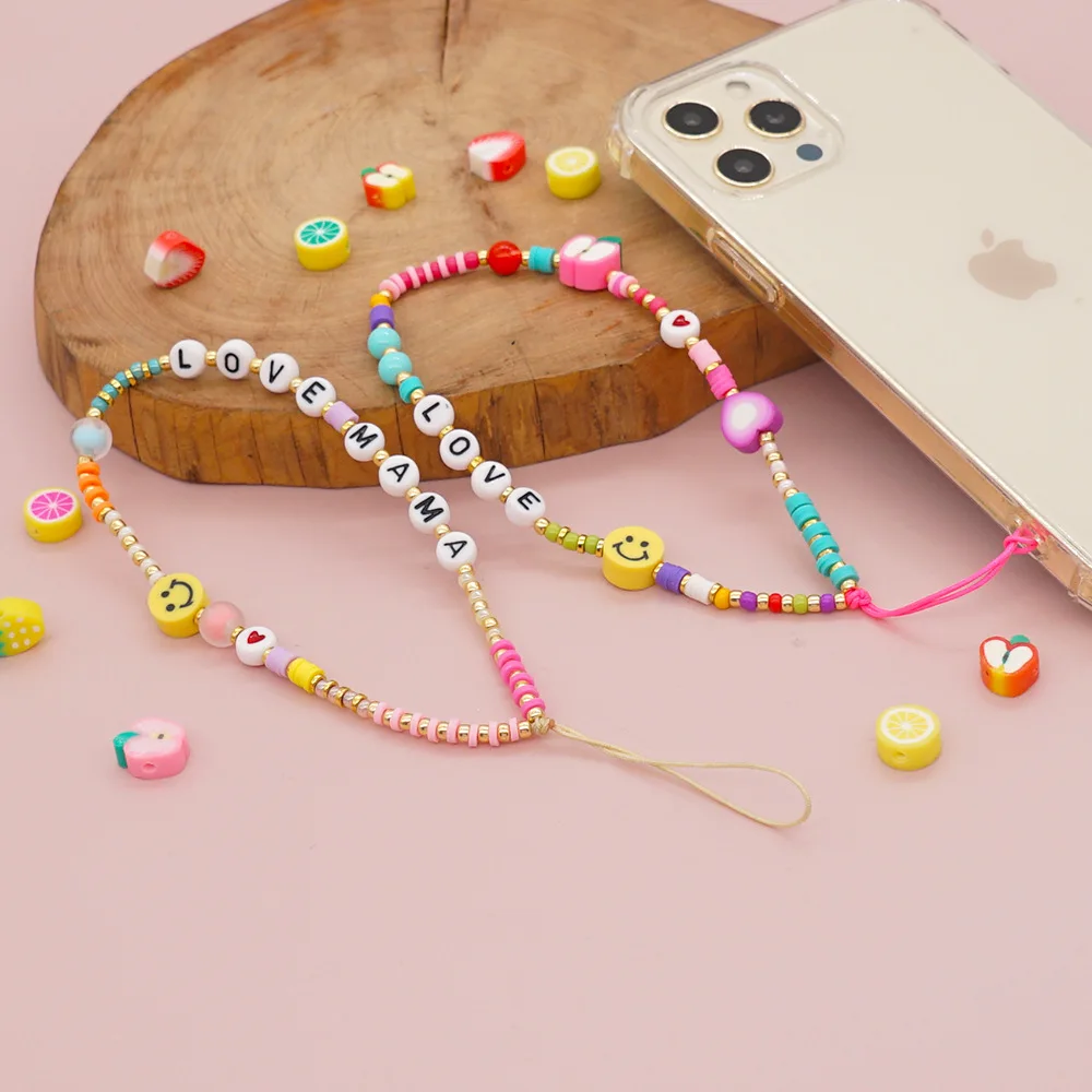 

2021 Fruit Smiley Letter Phone Chain For Women Beads Mobile Strap Phone Case Charm Telephone Anti-Lost Lanyard Girl Jewelry Gift