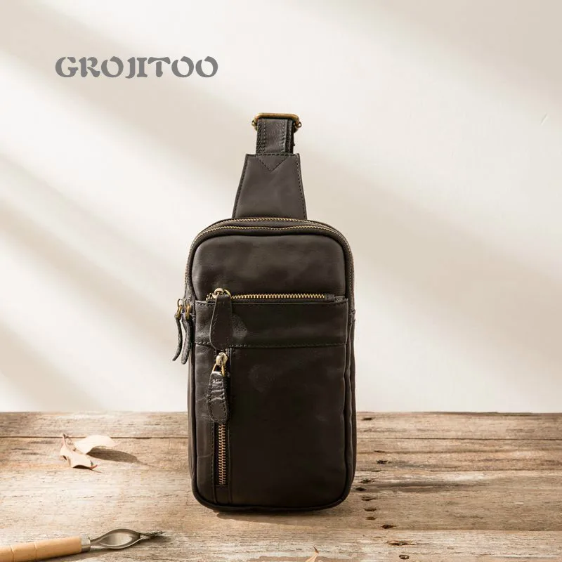 GROJITOO Genuine leather man chest bag cowhide leather casual men's shoulder bag high quality chest bag for man