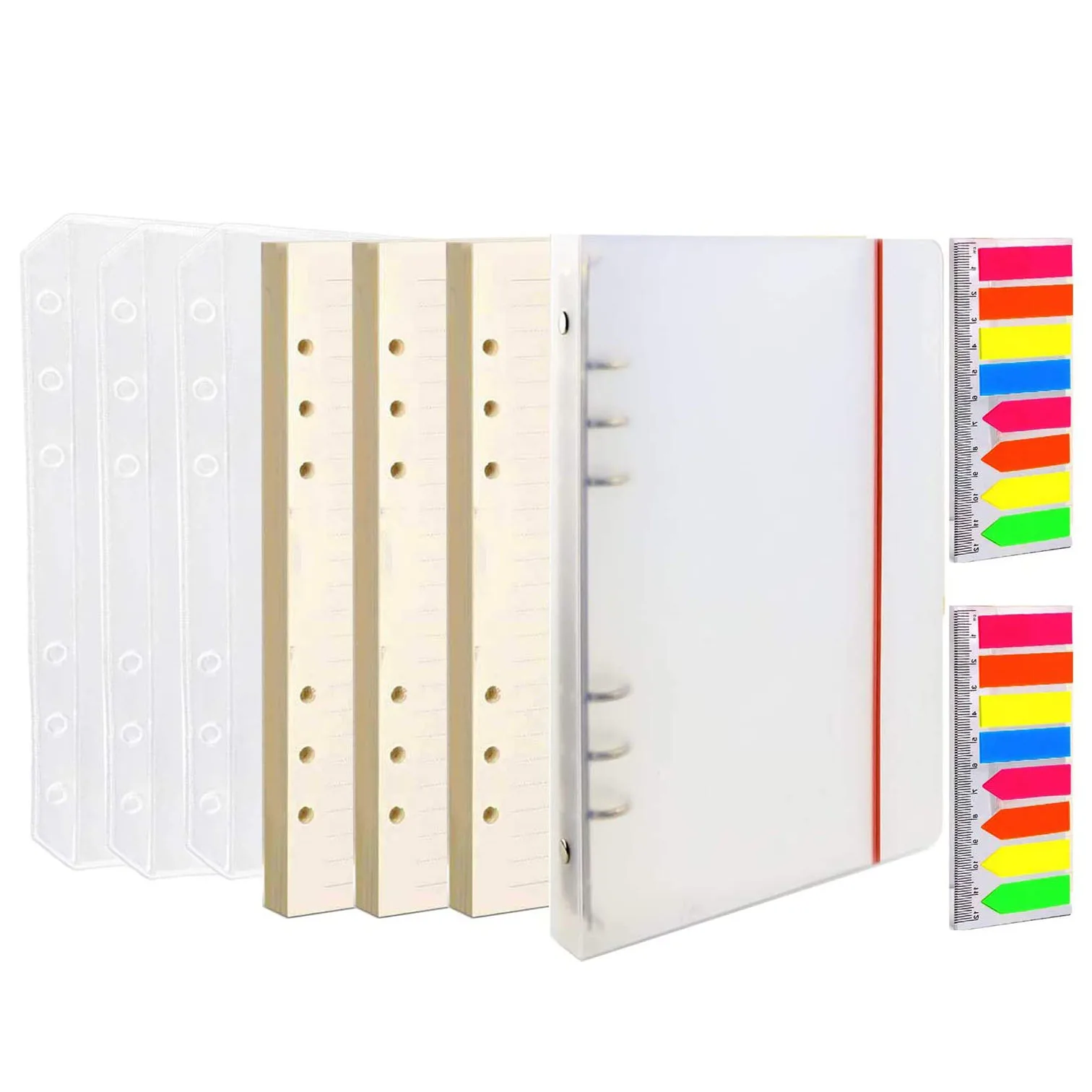 

A6 Binder Cover with 3 Pack A6 Loose Leaf Paper,Neon Page Markers,Binder Pockets,for 6 Ring Refillable A6 Binder Budget Notebook