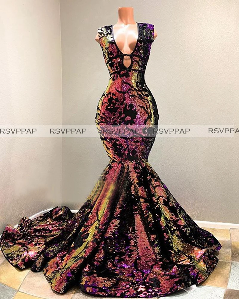 

Glittery Long Sexy P rom Dresses 2020 Mermaid V-neck Sleeveless African Black Girl Colorful Sequined Prom Dress