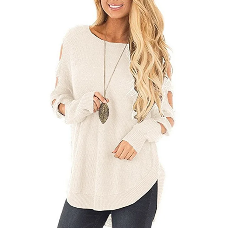 

2020 Autumn Spring Women Sweaters Shoulder Hallow Out Long Sleeve Tops O-Neck Lovely Pullovers Knitted Loose Sweaters Tops
