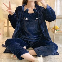 pajama woman autumnwinter new sexy cat embroidery strap thickened princess wind nightgown flannel ladies three piece suit