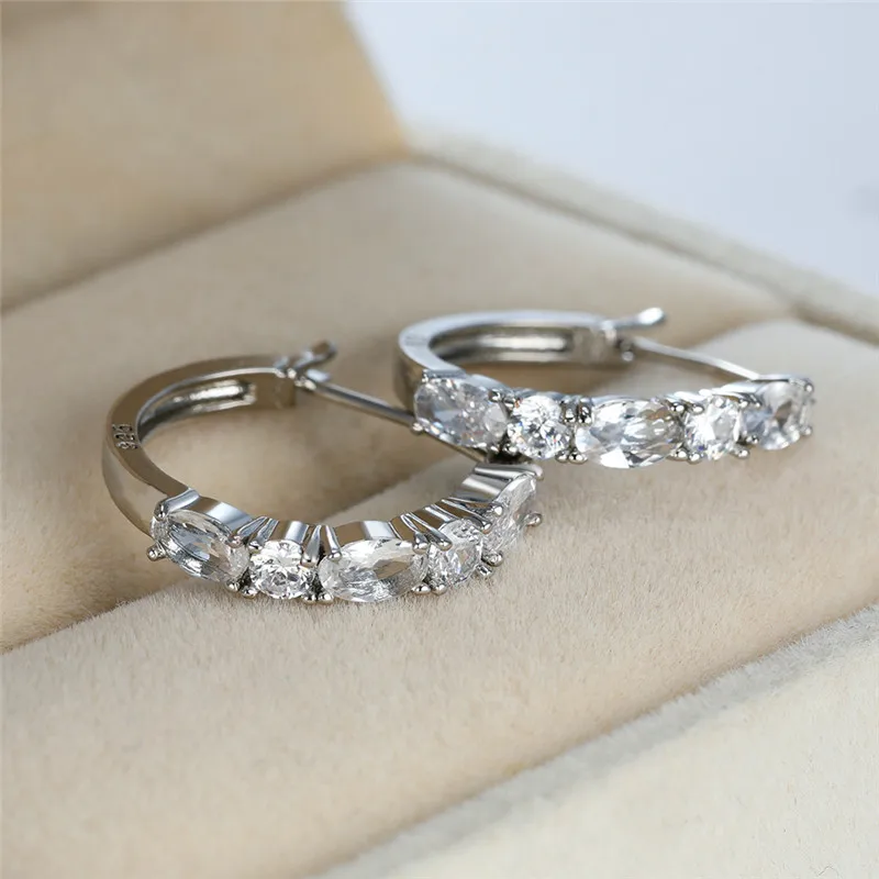 

Simple Female Red Oval Crystal Stone Earring Classic Silver Color Hoop Earrings Vintage Rainbow Round Wedding Earrings For Women