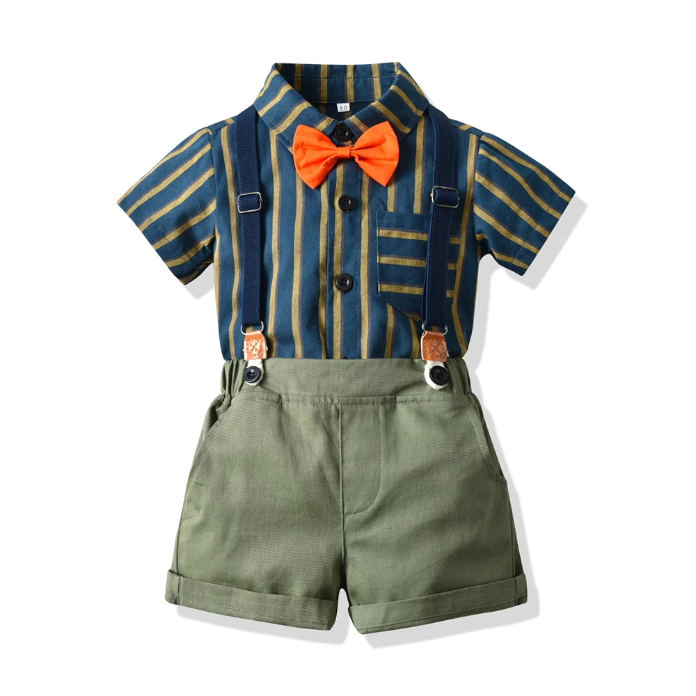 

Child's Toddler Baby Clothes Set Gentleman Formal 2Pcs Outfits Striped Short Sleeve Shirts+Overalls Suit Infant Boys Costume