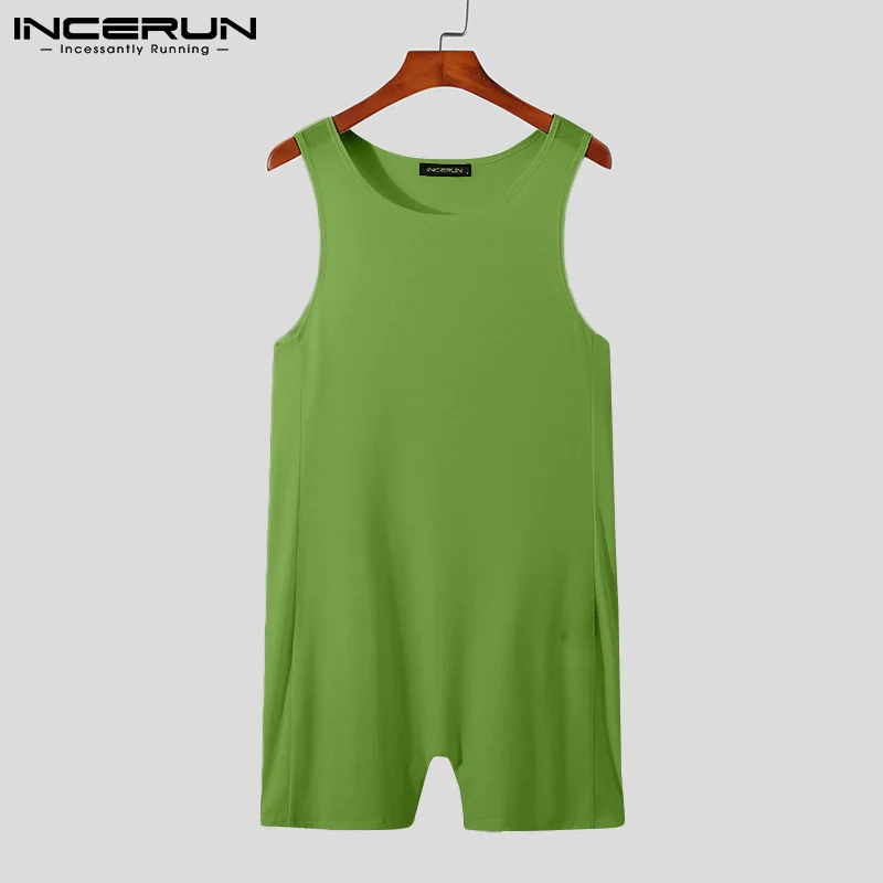 

Summer Men Pajamas Rompers Sleeveless Soft Homewear Solid Color Leisure Jumpsuits Cozy Sleepwear Mens Playsuits INCERUN S-5XL