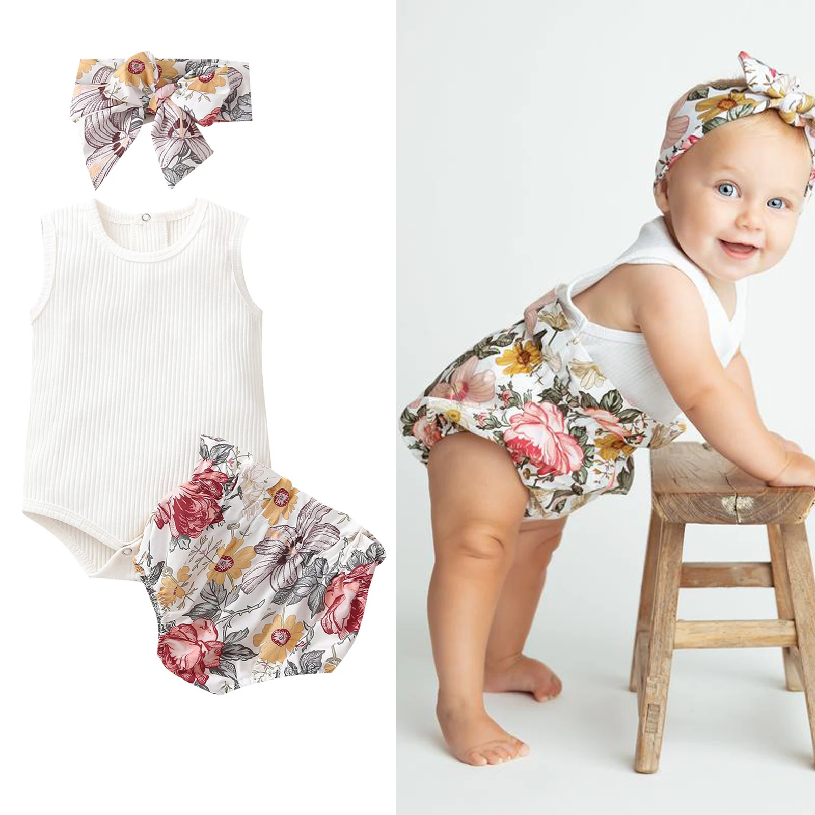 

3Pcs Newborn Baby Girls Summer Outfit Set Solid Color Ribbed Sleeveless Romper+Floral Print Shorts+Headband Set for Infants