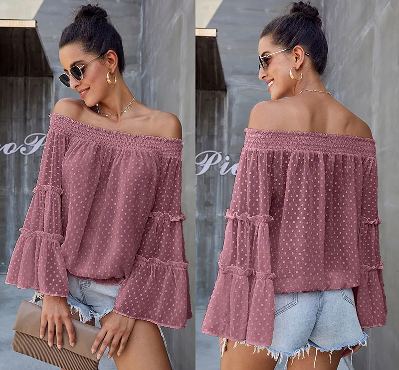 

Ladies Fashion Sexy Top Strapless Green Green Pink White Trumpet Sleeve Top Polka Dot Top T-shirt