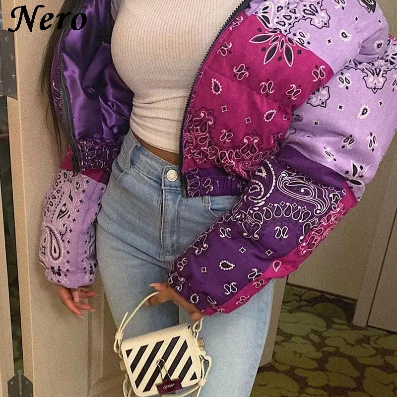 

Women Winter Casual Bread Jacket Flower Print Warm Short Parkas Jacket Padded Crop Top Coat Puffer Bubble Sleeve Streetwear