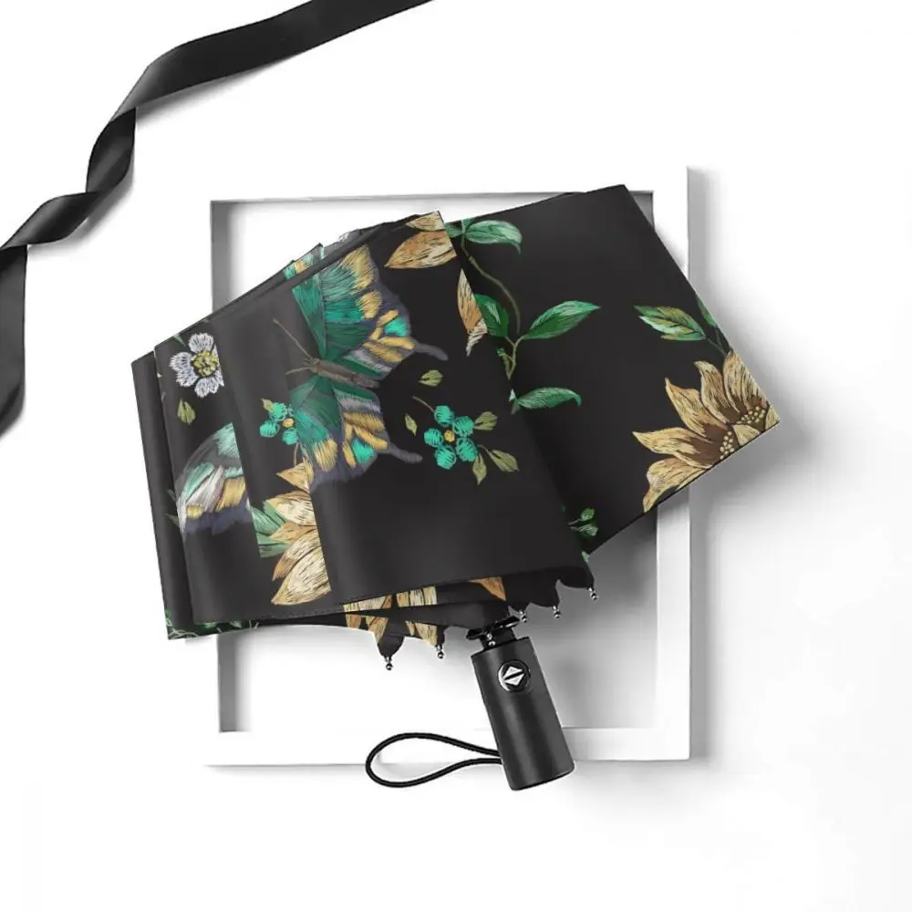 Ветроустойчивый полностью автоматический зонт с вышивкой Подсолнухи и бабочка