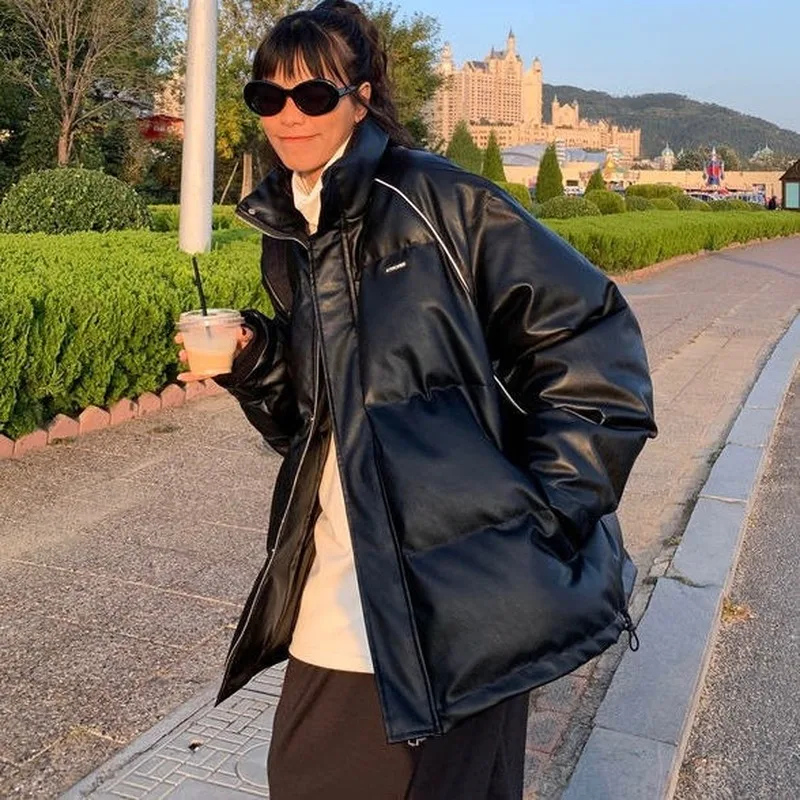 

Couple Women Short Style Parkas Hong Kong Style Thicker Students Leisure All-match Outwear Warm Design Stand Collar Letter Print