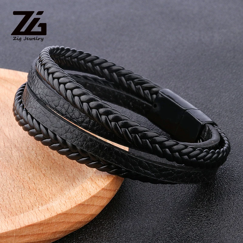 

ZG 2019 New Arrival Men's Braided Leather Bracelets & Bangles in Black and Brown Color with Magnetic Punk Bracelet for Man