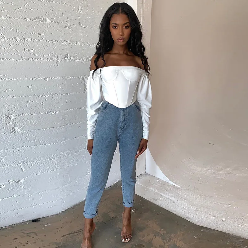 Модные женские с открытыми плечами пышными рукавами оборка баска кроп топы