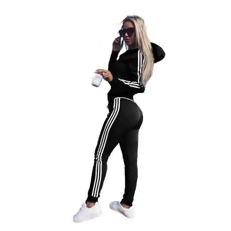 black Women's suits wear sports suit 2piece women set top and pants tracksuit for women suit two piece set - Цвет: black