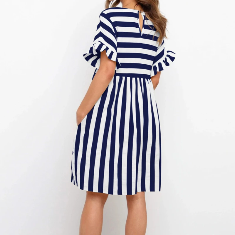 

2021 Summer New Women's Dress Fashion O-neck Short-sleeved Casual Loose Solid Flouncing Pocket Patchwork Stripe Beach Dress